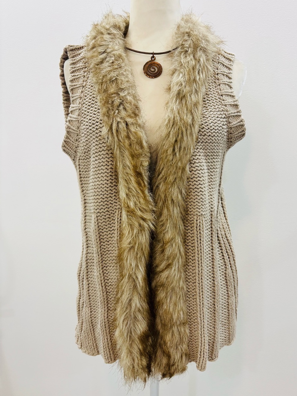 Tribal Chunky Knit Faux Fur Trim Sweater Jacket Vest - Medium / EUC
